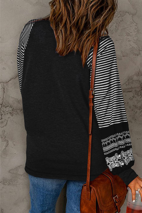 Contrast Print Striped Raglan Crew Neck Loose Long Sleeve Top